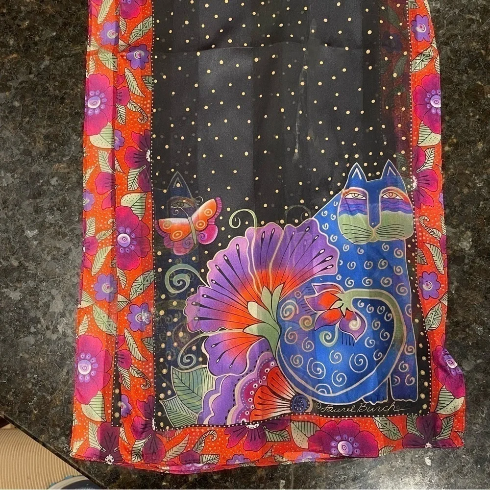 LAUREL BURCH | SILK ART SCARF | Cats and flowers